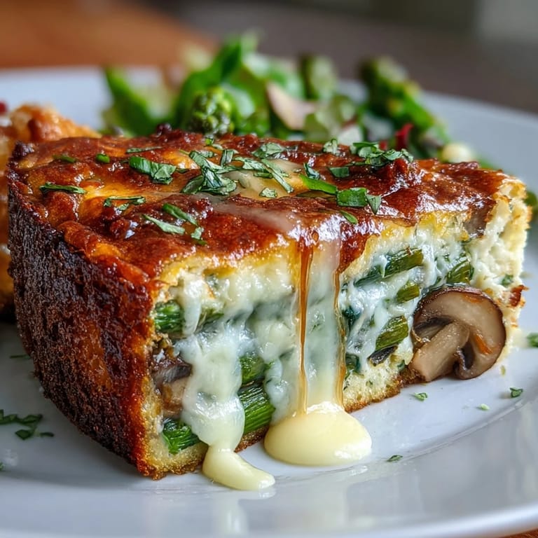 Savory frittata filled with sautéed asparagus, mushrooms, and shallots, baked over a buttery sourdough base for brunch.
