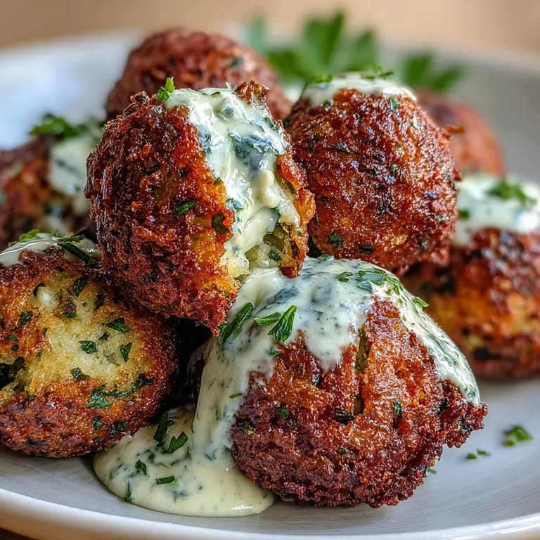 Delicious vegan falafel with fresh parsley and cilantro, air-fried until crispy and drizzled with zesty green tahini sauce.