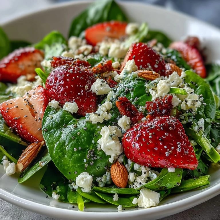 A fresh and healthy spinach salad with juicy strawberries, toasted almonds, and a sweet-tart poppy seed dressing, ideal for spring gatherings.