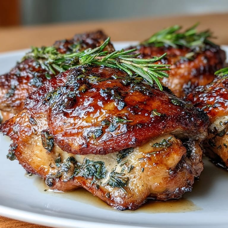 Juicy herb roasted chicken thighs alongside baby potatoes and carrots, golden skin and savory aroma filling the kitchen.