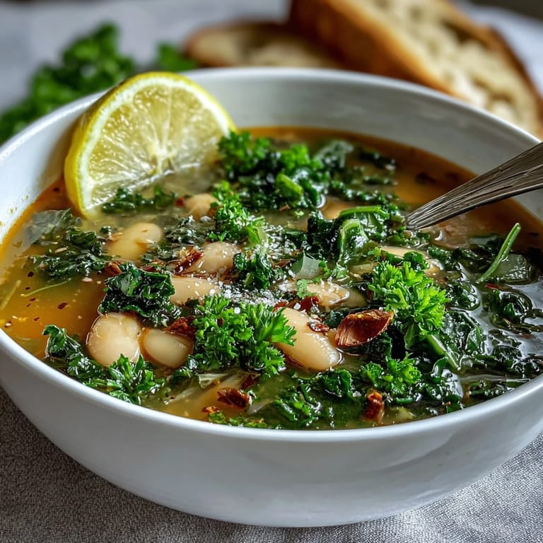 Vibrant kale and creamy white beans simmer in a fragrant broth infused with garlic and lemon zest, creating a nourishing vegetarian soup.