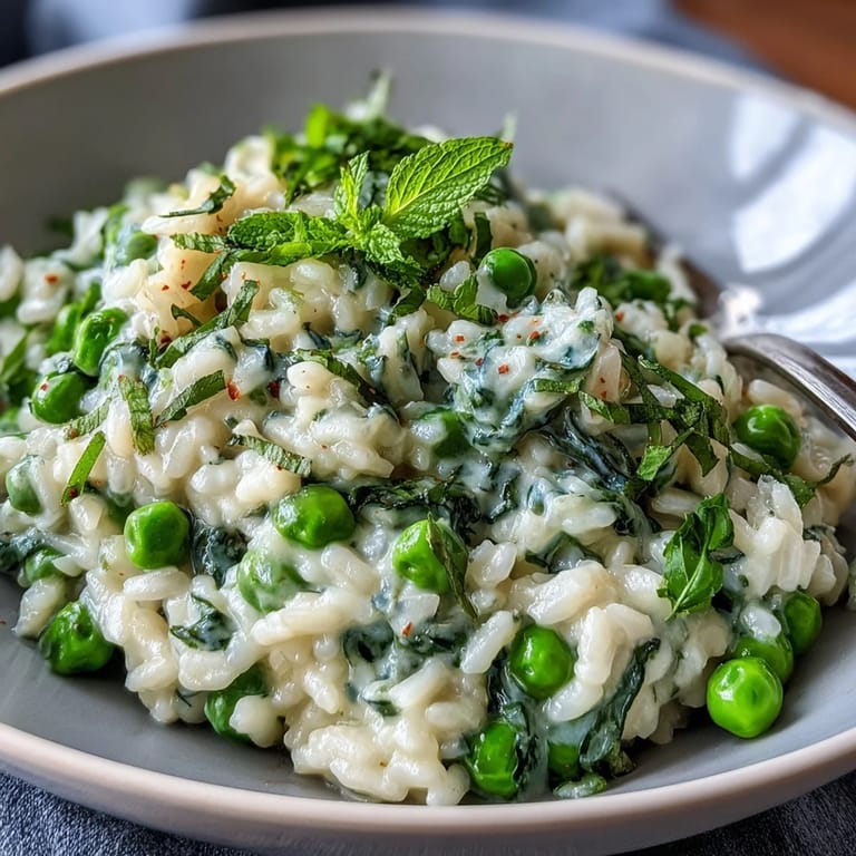 Aromatic Spring Pea and Mint Risotto with Parmesan, featuring tender Arborio rice, sweet peas, and a hint of white wine.