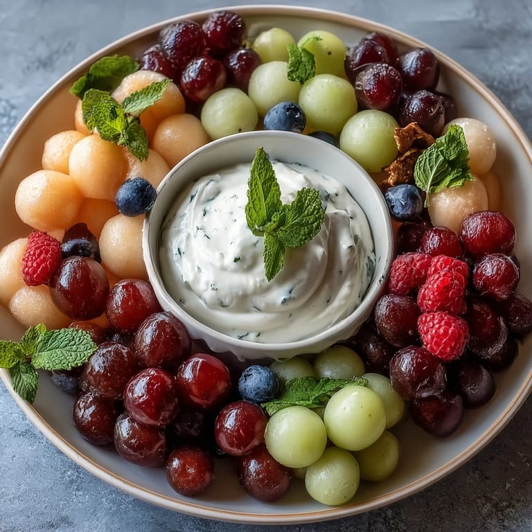 Colorful melon and berry fruit platter with creamy honey-lime dip, garnished with fresh mint leaves for a refreshing, crowd-pleasing appetizer.