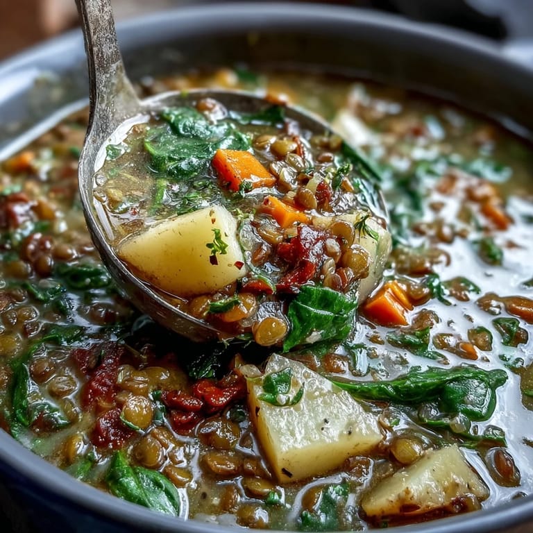 Hearty vegetarian lentil stew packed with green lentils, sweet carrots, and creamy potatoes, simmered to perfection in a savory broth.  
