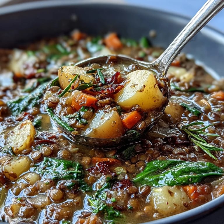 Cozy and nourishing Little Sprout Green Lentil Stew, brimming with vibrant vegetables and herbs for a satisfying, plant-based meal.