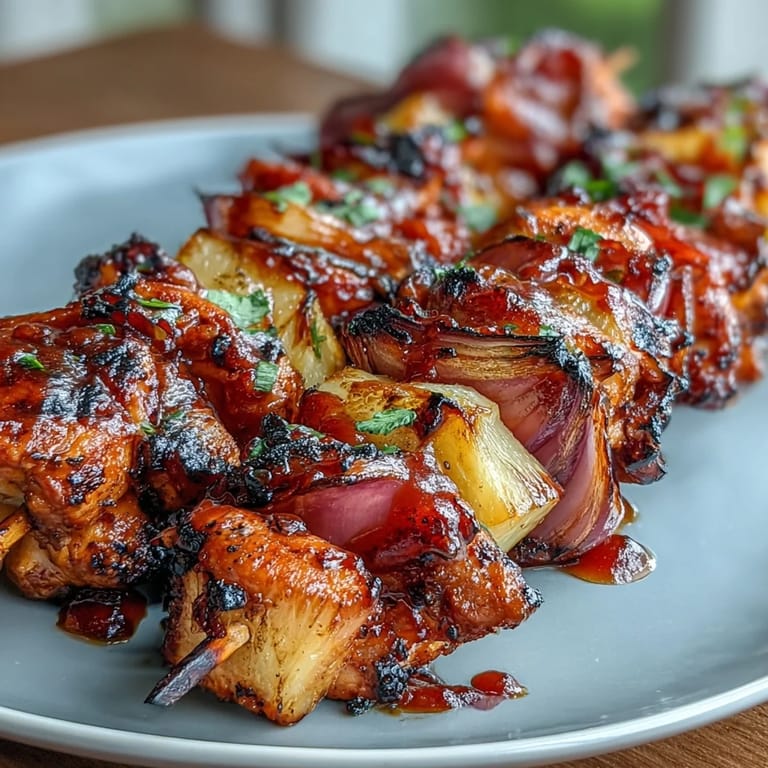 Colorful BBQ chicken and pineapple kebabs with vibrant red onion, grilled to perfection and ideal for easy entertaining.