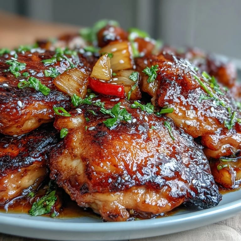 Savory-sweet chicken glazed in sticky honey garlic sauce, served with caramelized pineapple and bell peppers for a tropical dinner.