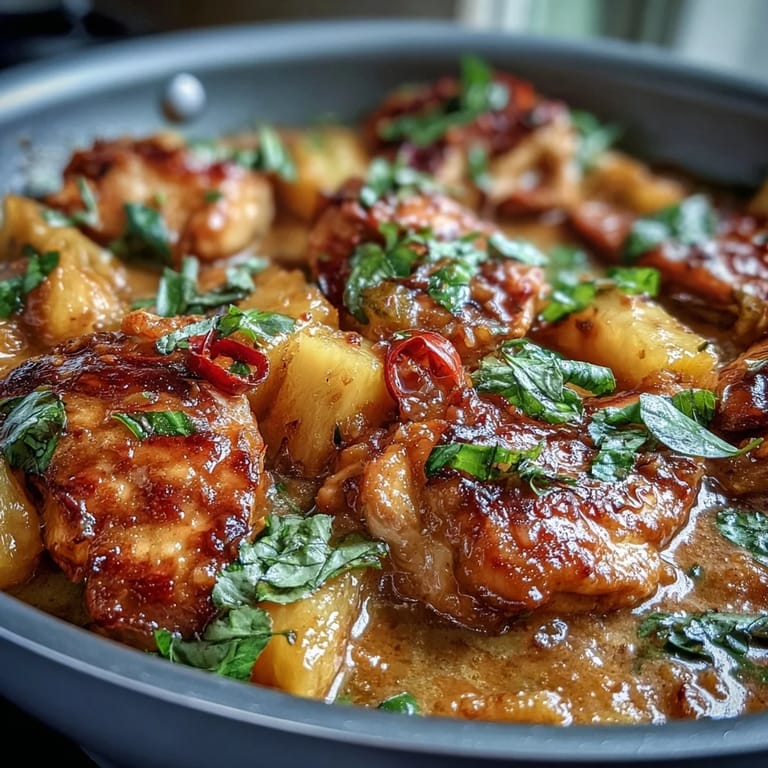 Rich and creamy pineapple coconut chicken curry featuring aromatic spices, tender chicken, and sweet pineapple chunks served in a coconut milk base.