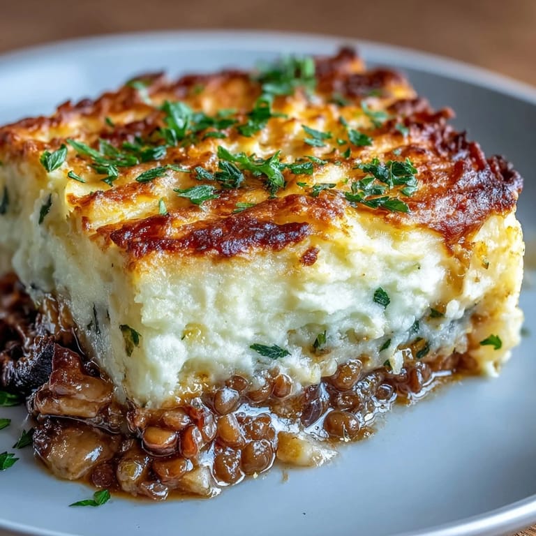 Comforting lentil and mushroom Shepherds Pie, featuring savory vegetables beneath a layer of smooth, buttery mashed potatoes.