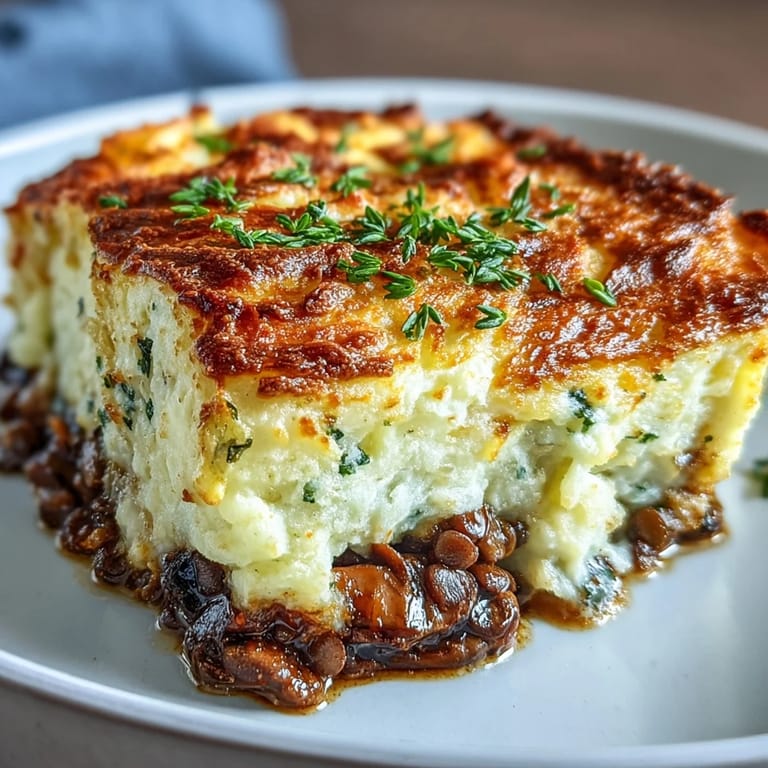 Classic British-style vegetarian Shepherds Pie with rich lentil-mushroom filling and golden, crispy mashed potato crust.