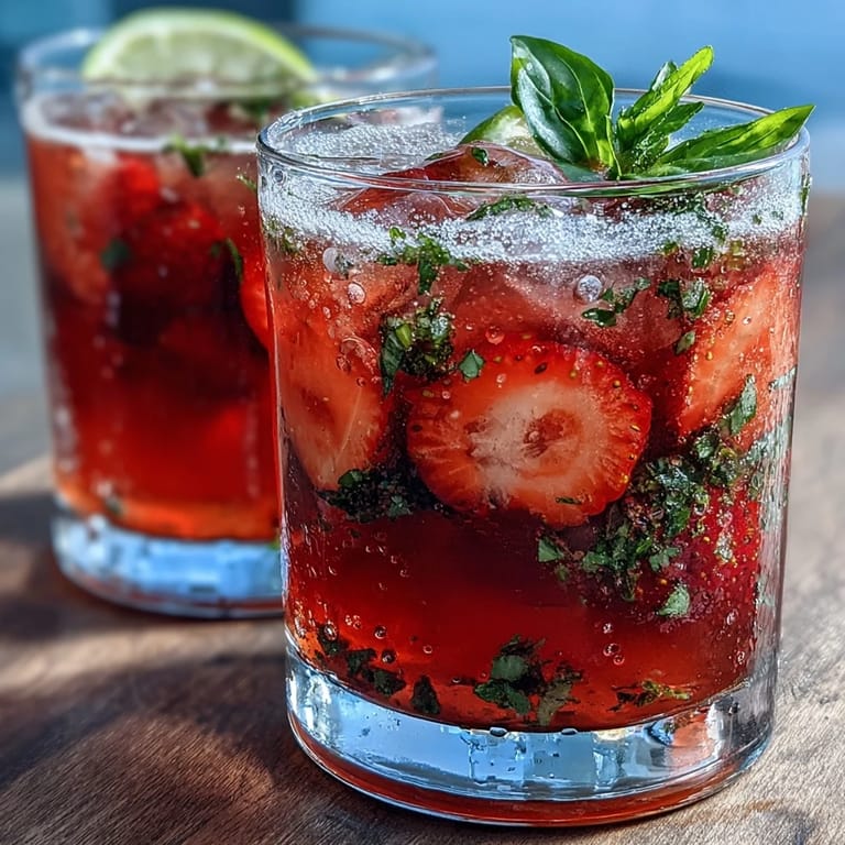 Refreshing strawberry basil lemonade with ice cubes, served in chilled glasses, perfect for a summer afternoon.