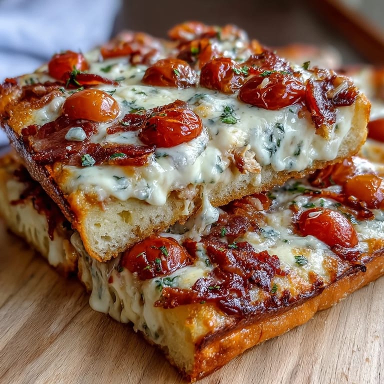 A mouthwatering flatbread pizza topped with sliced turkey, crumbled bacon, juicy tomatoes, and rich Mornay sauce, baked until bubbly and golden.