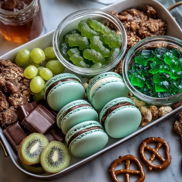Eye-catching St. Patricks Day charcuterie spread featuring green gummy bears, mint cookies, and shamrock-shaped treats on a serving board.