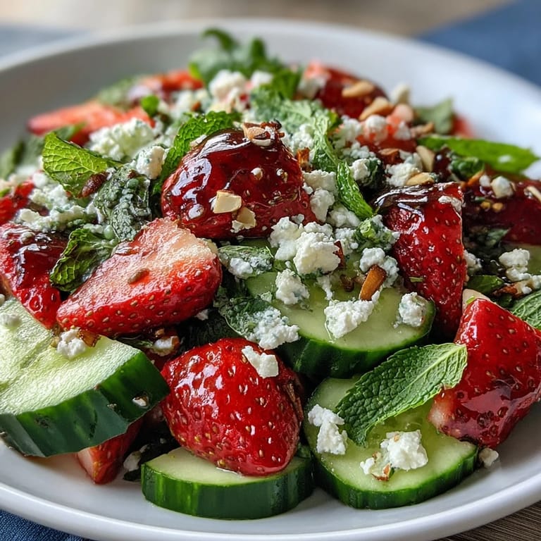 Bright spring salad with juicy strawberries, cool cucumber, and fragrant mint leaves, drizzled with a tangy lemon-honey dressing.