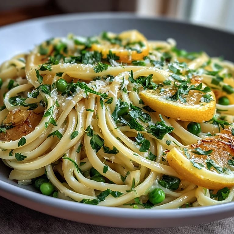 Lemon butter pasta with peas and Parmesan, a comforting vegetarian dinner with silky sauce and fresh herbs.  