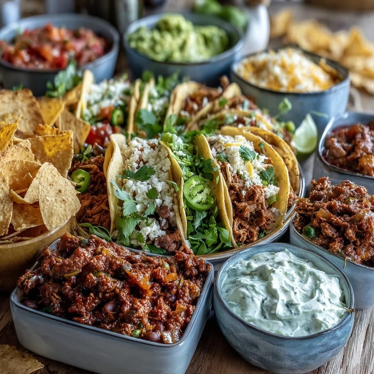 Colorful Cinco de Mayo taco bar featuring seasoned meats, fresh veggies, cheeses, and warm tortillas.