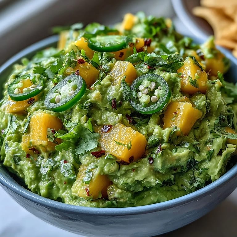 Festive guacamole recipe bursting with ripe mango, fresh jalapeño, and zesty lime for a perfect party appetizer.