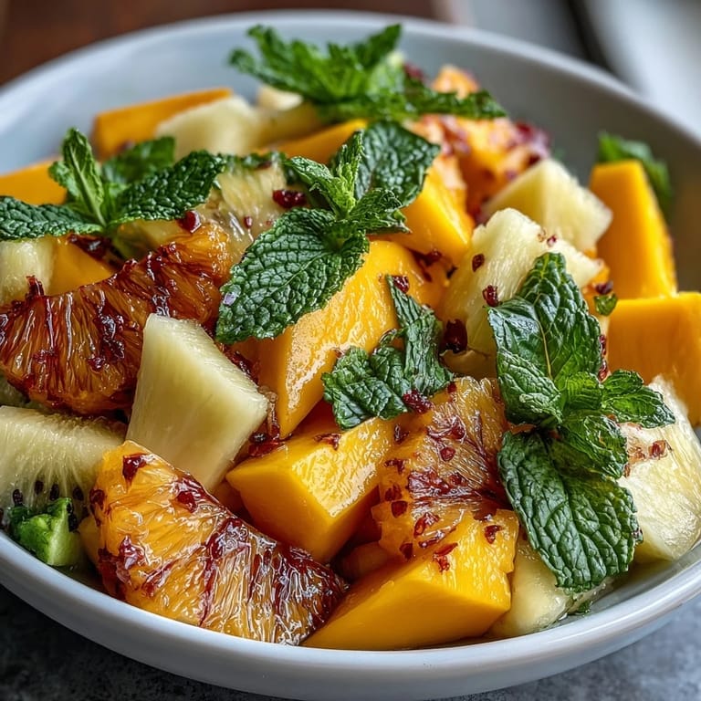 Bright, juicy mango and pineapple centerpiece surrounded by dragon fruit, grapes, and strawberries, garnished with mint and lime for visual appeal.