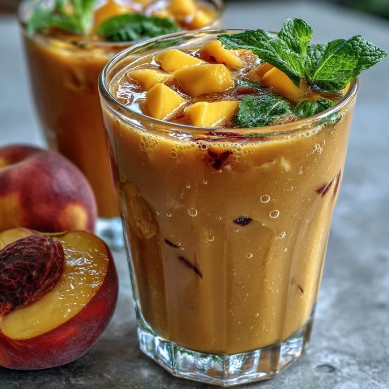 Chilled mango peach sangria featuring vibrant orange and yellow fruit slices, mint leaves, and sparkling water for a festive, non-alcoholic drink.