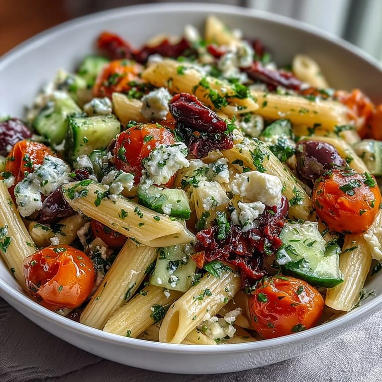 Creamy feta and briny olives elevate this easy Greek pasta salad, perfect for picnics and summer gatherings.
