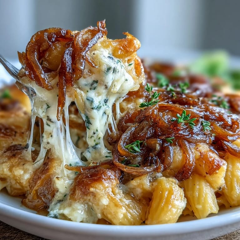 Comforting French Onion Pasta Bake with layers of melted cheese, caramelized onions, and savory broth-infused pasta.