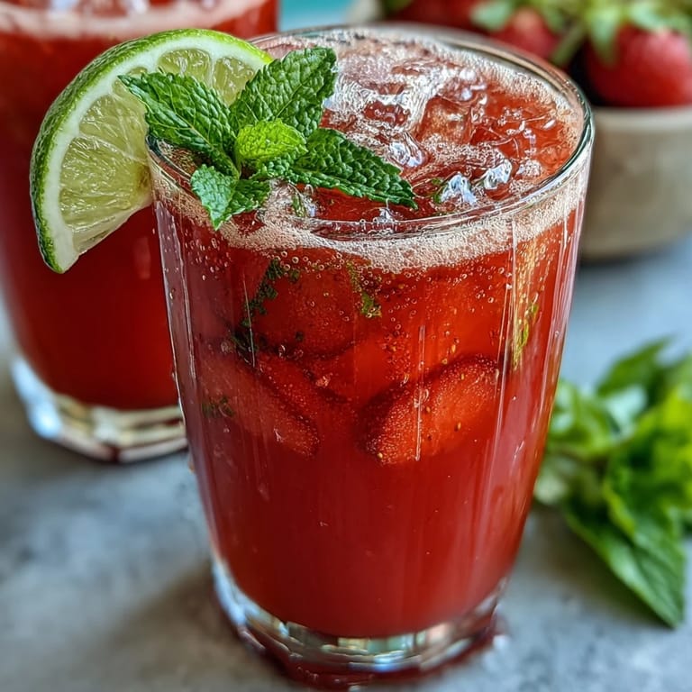 Refreshing strawberry agua fresca with a pitcher of blended fruit, lime juice, and ice cubes, ideal for hot days.
