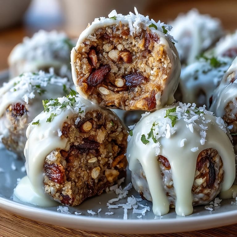 Wholesome carrot cake bliss balls featuring grated carrots, dates, and cinnamon, rolled in shredded coconut for extra flavor.