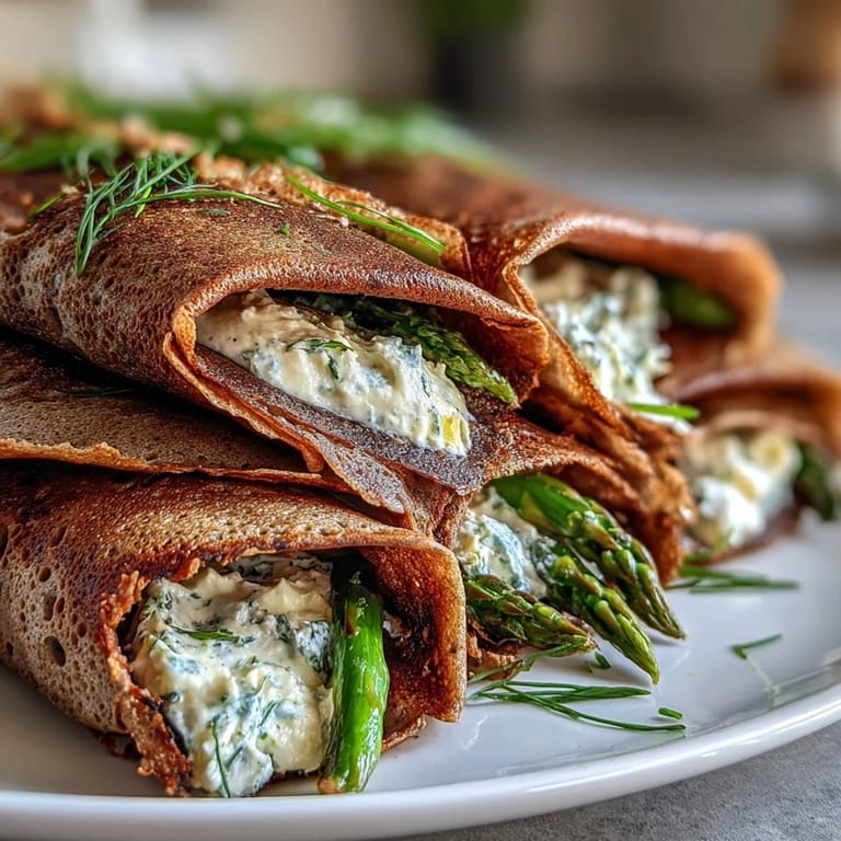 Golden buckwheat crepes rolled with fresh asparagus, sugar snap peas, and herbed ricotta for a vibrant, seasonal vegetarian meal.  