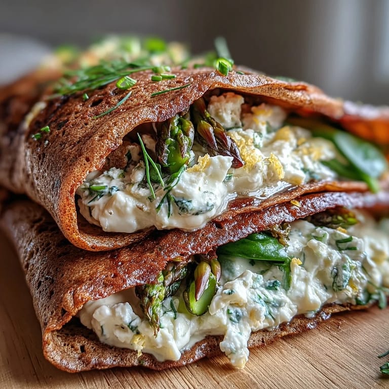 Savory buckwheat crepes stuffed with a medley of spring vegetables and creamy goat cheese, garnished with fresh herbs for a gourmet touch.