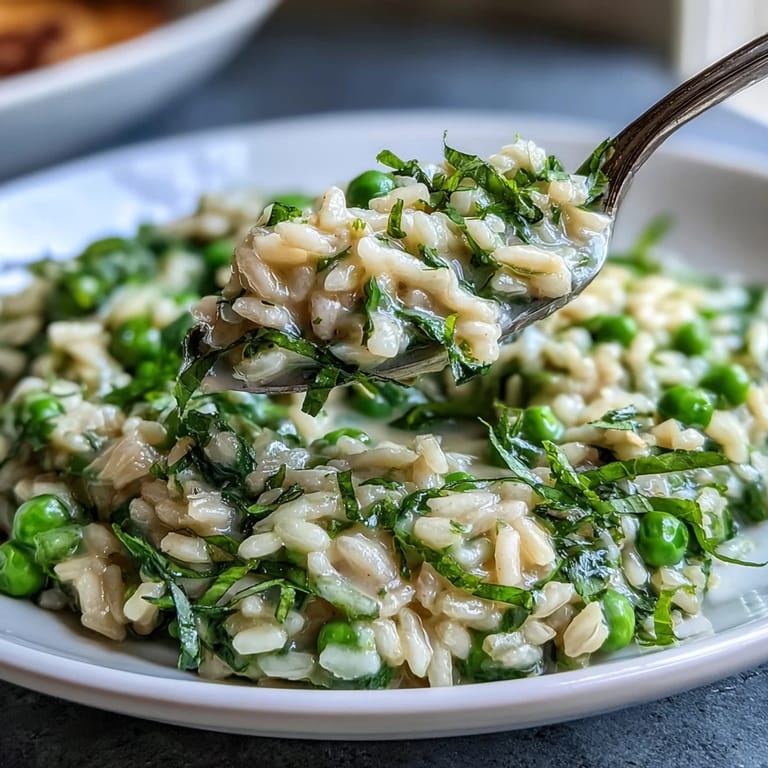 Aromatic Spring Pea Risotto featuring tender Arborio rice, vibrant peas, and fresh herbs for a comforting meal.