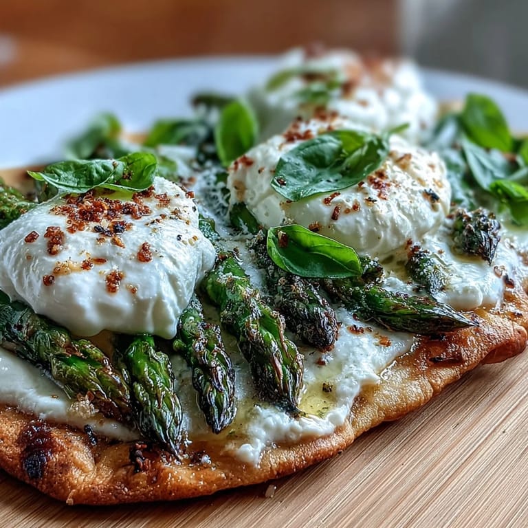 Creamy burrata and zesty lemon enhance this roasted asparagus flatbread, garnished with fragrant basil leaves and a hint of spice.