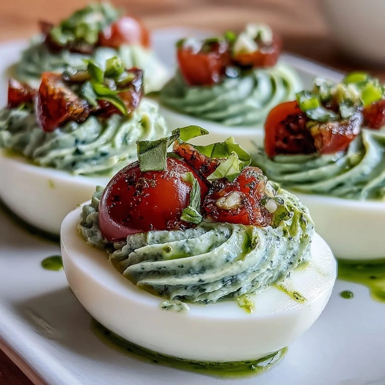 A platter of Caprese Deviled Eggs drizzled with basil oil, featuring fresh tomatoes and mozzarella for a colorful bite.