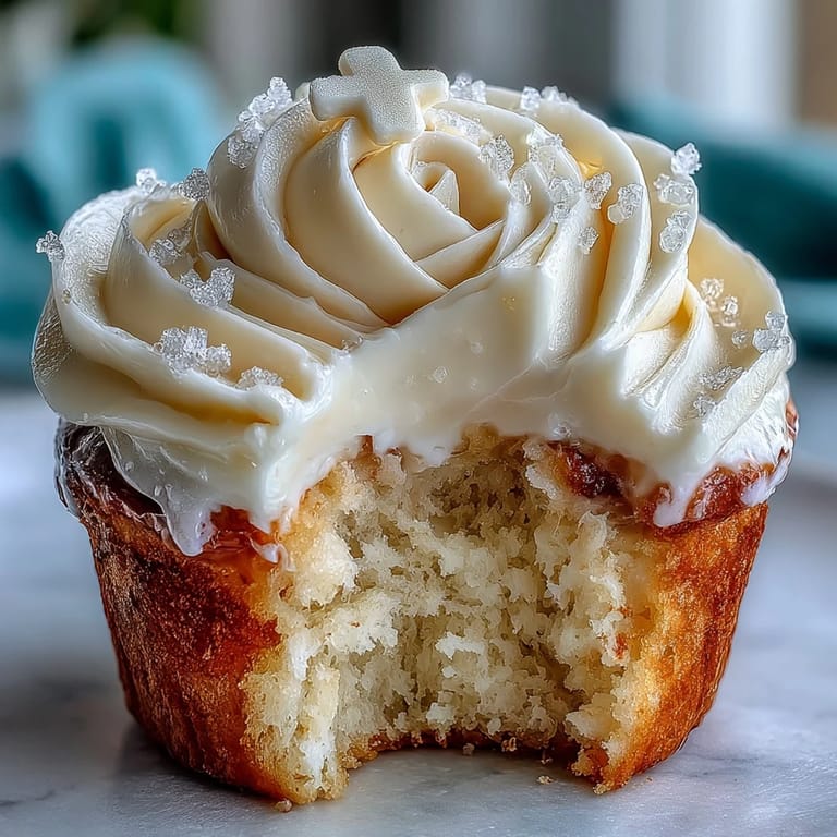 Tender vanilla cupcakes decorated with smooth buttercream frosting and delicate fondant cross toppers for a sacred celebration.