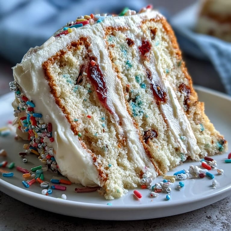 Colorful confetti cake filled with rainbow sprinkles, topped with silky champagne buttercream and edible glitter for a celebratory treat.