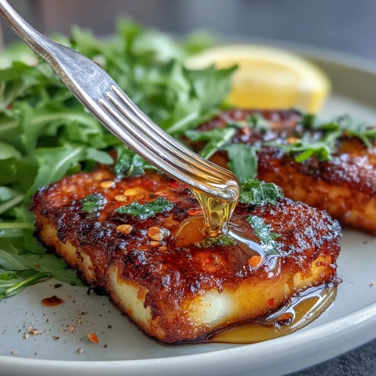 Warm halloumi slices glistening with hot honey, served on a bed of vibrant arugula greens.