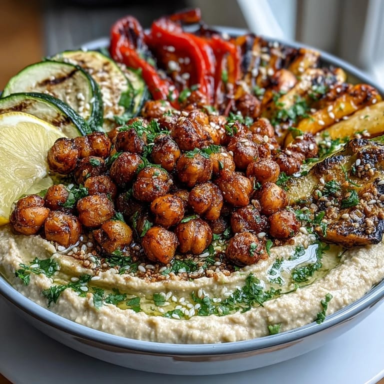 Golden, spiced chickpeas with smoky paprika and cumin, served alongside tender grilled zucchini and bell peppers for a satisfying lunch.