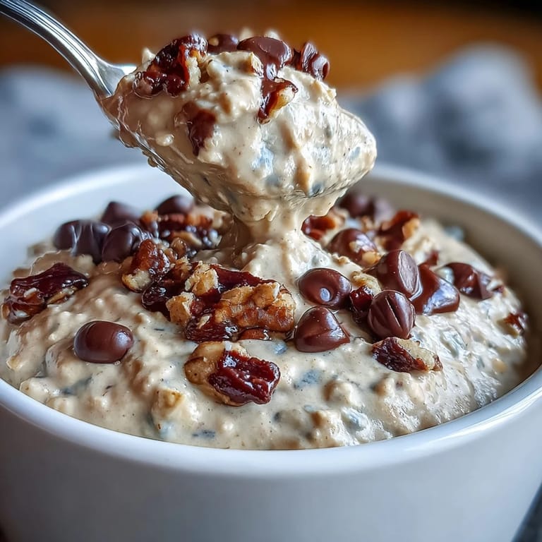 Delicious no-bake chickpea cookie dough dip topped with chocolate chips.