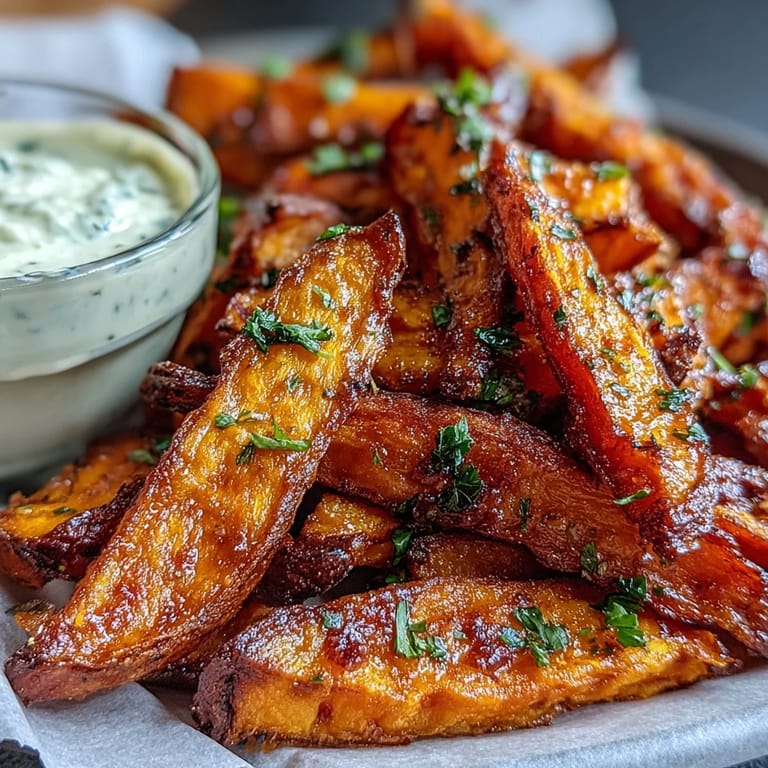 Delicious air fryer sweet potato fries stacked high, ready for a zesty chipotle aioli.