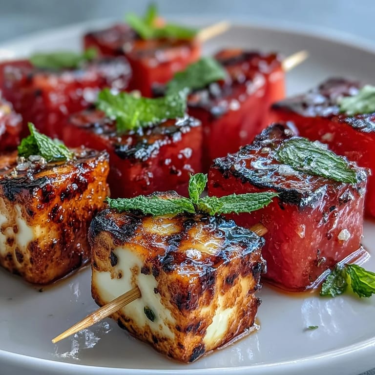 Bright grilled halloumi and watermelon skewers, a delightful bite with pops of cool flavor.