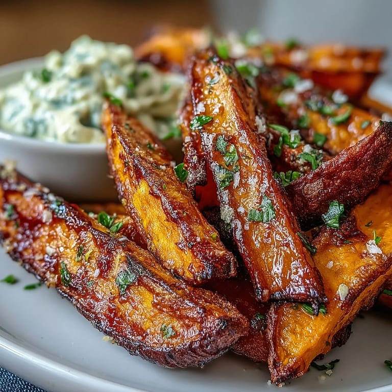 Crispy, hot air fryer sweet potato fries glistening, beckoning a smoky aioli dip.