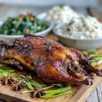 Golden-brown Five-Spice Roast Ducks resting on a platter, surrounded by vibrant star anise and orange wedges, emitting aromatic steam.