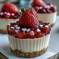 Decadent no-bake strawberry cheesecake cups with buttery graham cracker crust and fresh berries, perfect for a romantic Valentines Day dessert.  