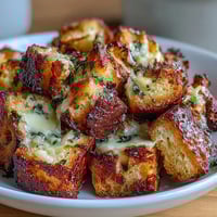 Golden sourdough croutons baked until crispy, ideal for topping rich French onion soup with melted Gruyère.