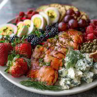 A stunning Galentines brunch board featuring assorted bagels, silky lox, and a rainbow of fresh berries for sharing with friends.