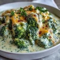 Creamy Broccoli Cheddar Soup Lightened with Greek Yogurt in a white bowl, garnished with shredded cheddar and fresh herbs, served with crusty bread on the side.  