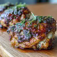 Herb roasted chicken thighs with baby potatoes and carrots, golden and crispy, served on a rustic baking sheet.  