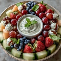 Vibrant One in a Melon fruit platter with honey-lime yogurt dip, featuring juicy watermelon, cantaloupe, and berries arranged artfully for summer parties.