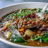 A steaming bowl of Little Sprout Green Lentil Stew with tender carrots and potatoes, rich with aromatic herbs and comforting flavors.  