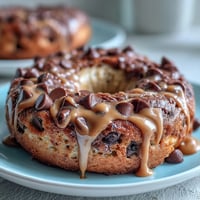 Freshly baked chocolate chip protein bagels topped with a creamy peanut butter drizzle, perfect for a high-protein breakfast.  