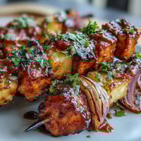Juicy BBQ chicken pineapple kebabs with smoky grilled red onion, perfect for summer cookouts and backyard gatherings.  